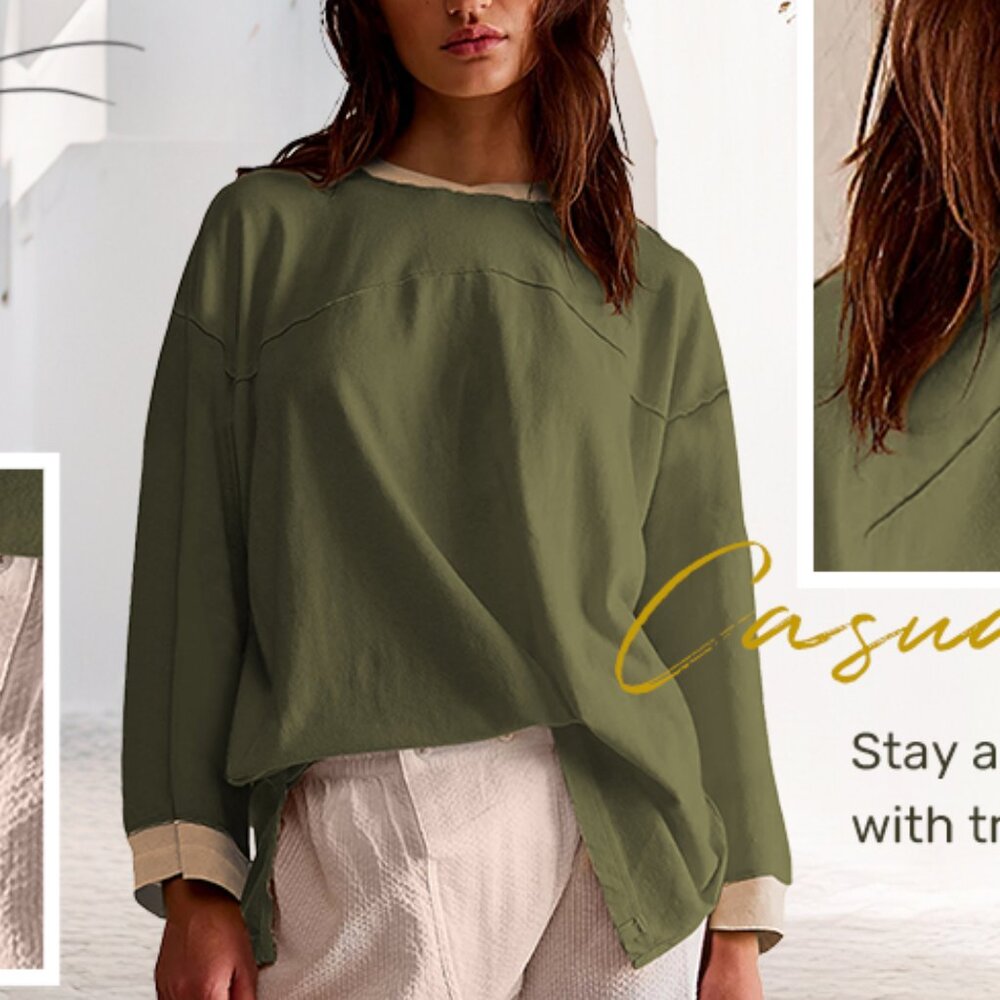 Olive Green Tan Blouse Oversize Baggy Top Women L